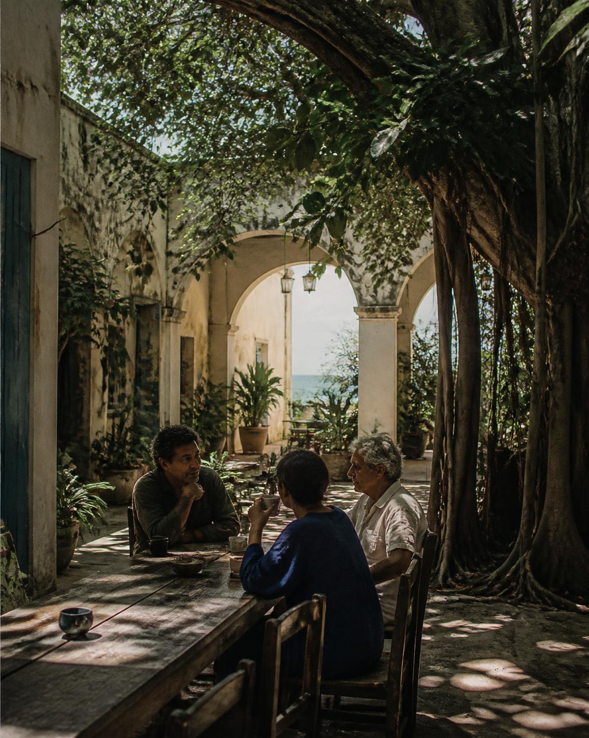 A shaded shared courtyard with people reading and talking