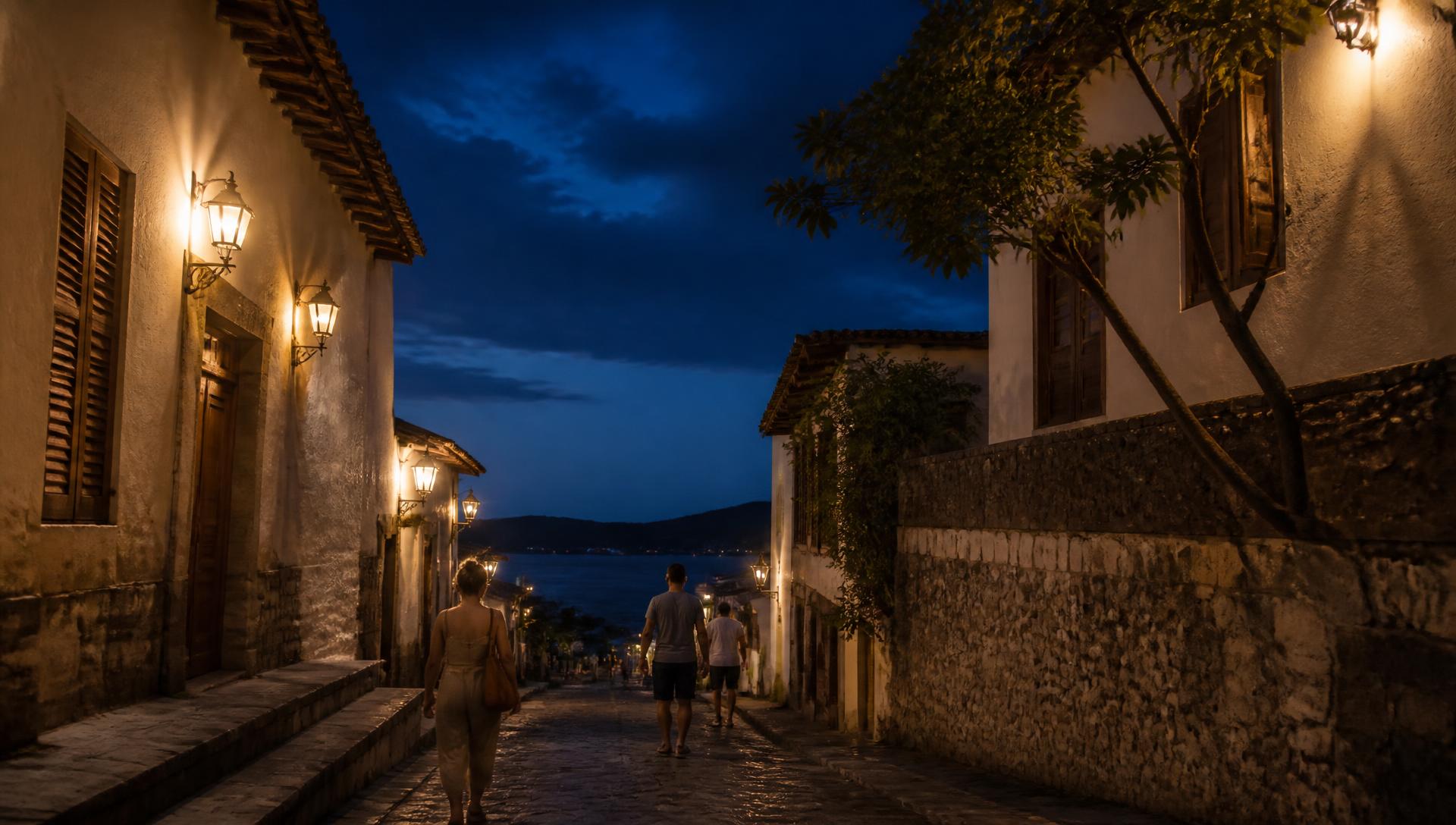 A walkable coastal town at dusk, lamps beginning to show