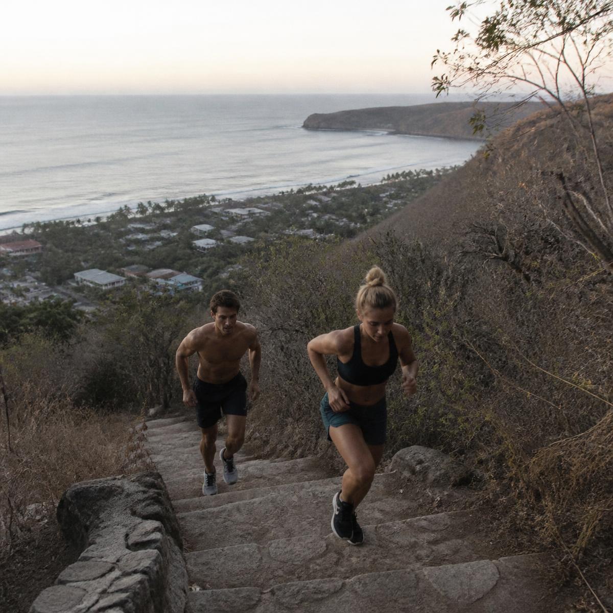 Two people running a stone stair path above the bay at first light