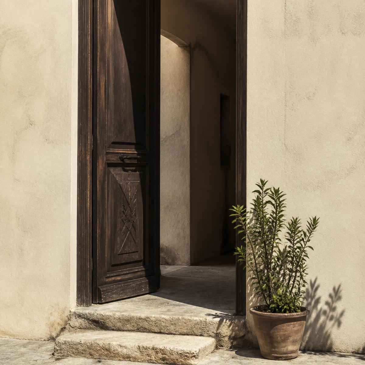 An open dark timber door onto a shaded plaster passage